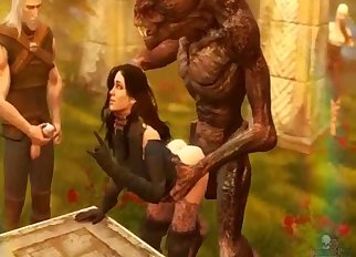 Raven-haired hottie penetrated by two demons